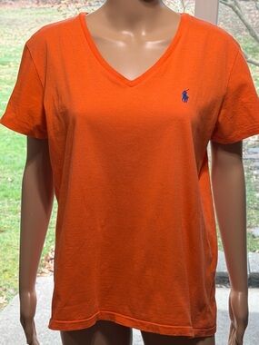 Ralph Lauren Sport Orange V-Neck Polo Player Short Sleeve Tee, Women’s Med/Large